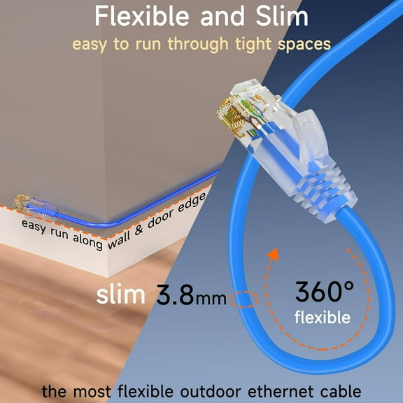 ASIASN-Cat6a Slim Ethernet Patch Cable 150ft Outdoor & Indoor, Flexible 10G Cat6 Internet Network Cable Waterproof LLDPE UV Jacket, Pure Copper Cat 6 Ethernet Cable, Blue