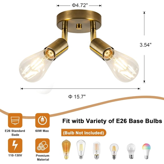 ASIASN-Ceiling Light Fixture, 2 Bulbs, Gold Finish