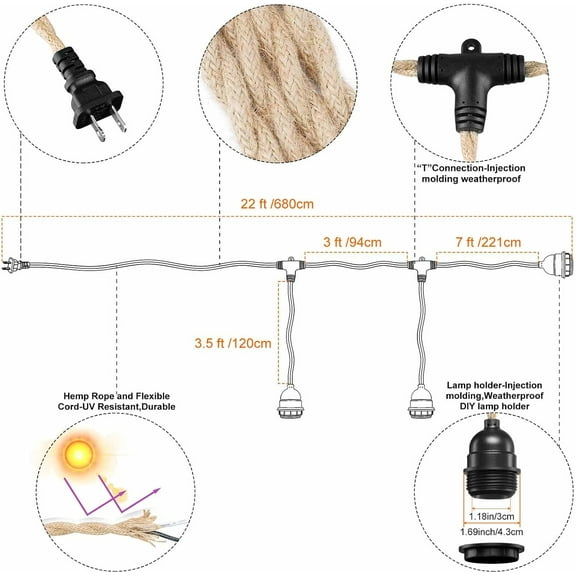 ASIASN-Chandeliers, Industrial Triple Ceiling Pendant Light,Vintage Waterproof Hanging Light Kit Fixture with Plug in Hemp Rope Cord,DIY Outdoor Fireproof for Garden, Backyard,Living Room, E26