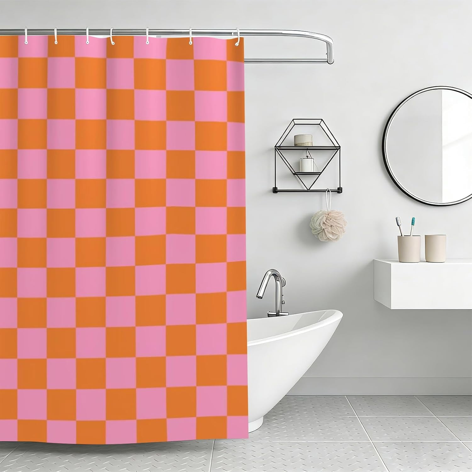 ASIASN-Checkerboard Pink Orange Paint Shower Curtain, Abstract