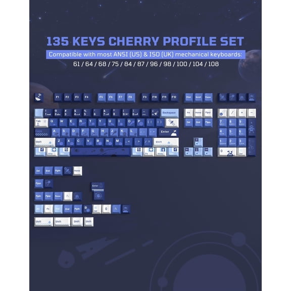 ASIASN-Cherry Profile PBT Keycaps,135 Keys ERA75 Style Keycap Set, Dye-Sublimation, Cherry Profile,Cream Blue Theme for Most 60% 65% 75% 80% 100% US Layout Cherry MX Switches Mechanical Keyboard