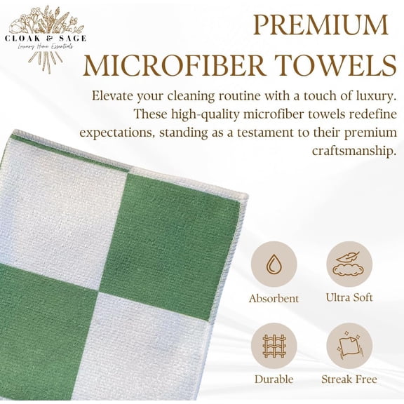 ASIASN-Cloak & SAGE 13" x 13" Luxury Microfiber Cleaning Cloths | Sage  4 Pack | Premium Checkered All-Purpose Microfiber Towels for Cleaning Glass, Kitchens, Bathrooms, Automotive, & Supplies