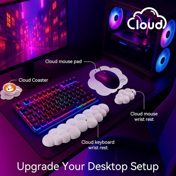 ASIASN-Cloud Wrist Rest for Computer Keyboard, 4-in-1 Memory Foam Leather Cloud Keyboard Wrist Rest and Mouse Pad Set with Ergonomic Support for Arm and Palm Cushion, Gaming/Work Setup, White