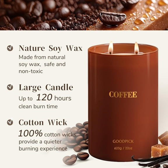 ASIASN-Coffee Scented Candle 22 oz, Soy Candles for Home Scented, 120 Hours Burn Time, 2 Wicks