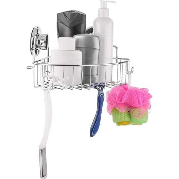 ASIASN-Corner Shower Caddy with Suction Cups and 3M Adhesive Mounting Discs for porous surfaces - Stainless Steel Basket for Bathroom Storage (Chrome)