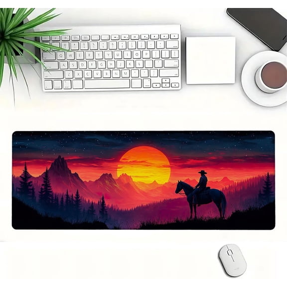 ASIASN-Cowboy Desk Mat Mountain Forest Sunset Sky XL Mouse Pad Large Mousepad Extended Laptop Keyboard Mat Gaming Desk Pad Mouse Mat Designed for Laptop, Monitor, and Typing Comfort 31.5x11.8 Inch