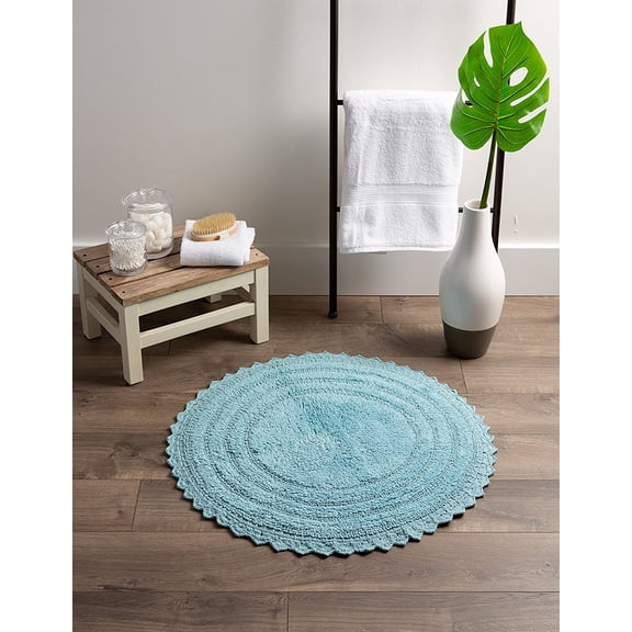 ASIASN-Crochet Collection Reversible Bath Mat, Round, 27.5" Diameter, Cameo Blue
