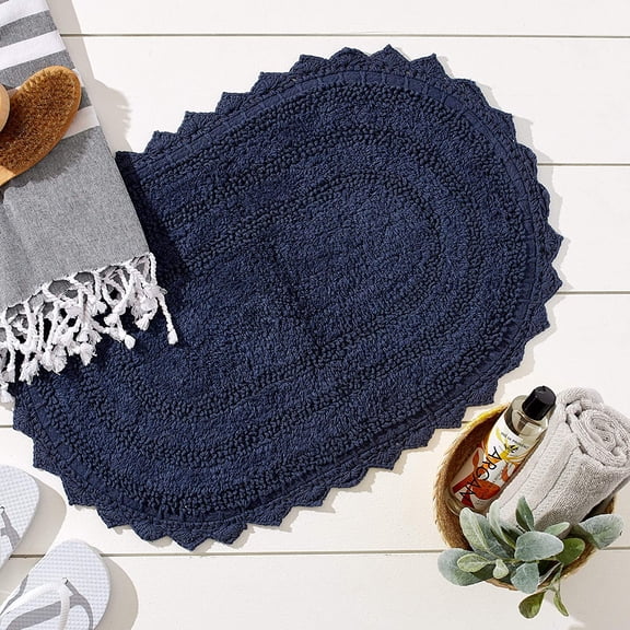 ASIASN-Crochet Collection Reversible Bath Mat, Small Oval, 17x24, French Blue