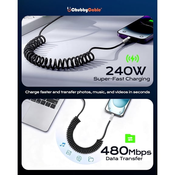 ASIASN-Curly Chubby Retractable Fast Charging Cable 240W Coiled Charger Cord for Car Durable USB C Cable Compatible with iPhone 17-15 Series, Black, Type-C to Type-C, 2.13FT-6.56FT