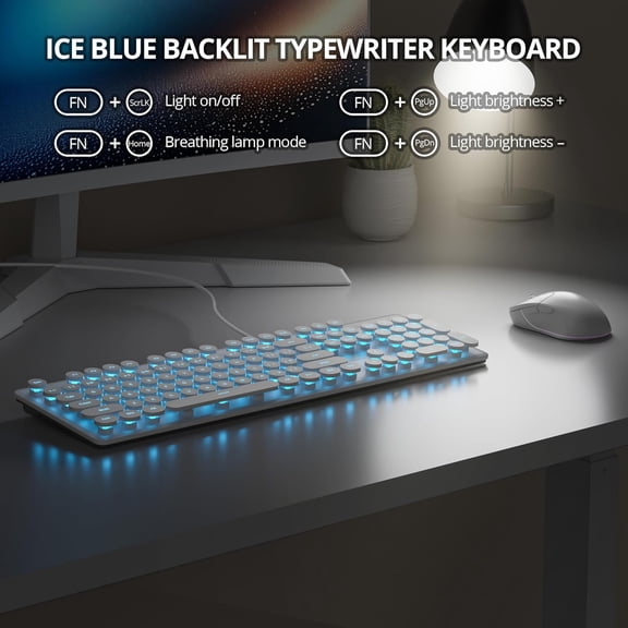 ASIASN-Cute Quiet Keyboard Wired Typewriter Keyboard, Light Up Backlit PC Keyboards with Retro Round Keys Full Size 104 Keys for Office Computer (White)