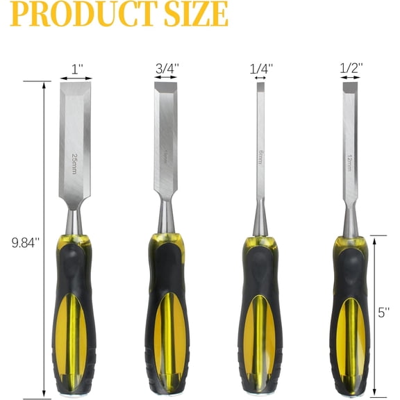 ASIASN-DWHT16063 Wood Chisel Sets Fits for Dewalt Hand Tool,Chrome Carbon-Steel Wood Chisel Set Woodworking (4 Piece with Handle)