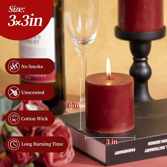 ASIASN-Dark Red Pillar Candles Set of 3, 3"x 3" Unscented Pillar Candles Bulk, 30 Hours Long Burning Candles, Smokeless&Dripless Large Round Candle for Wedding, Home Decoration, Parties, Spas, Dinner