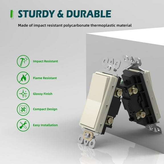 ASIASN-Decorator Paddle Light Switch, 3 Way Wall Rocker Switch with Wall Plates, 15A 120V/277V, Self-grounding, Residential Grade Electrical Switches, 10 Pack, Light Almond