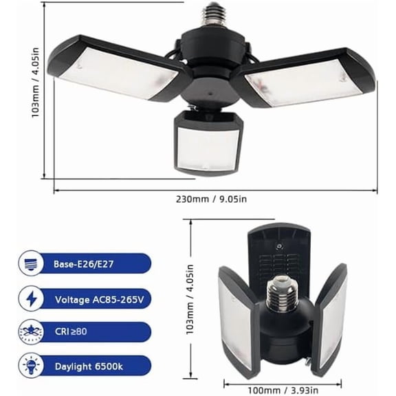 ASIASN-Deformable LED Garage Lights - 4000 Lumen 6500K Daylight 40W, Three Leaf Garage Organization Ceiling Lighting, Pack of 2