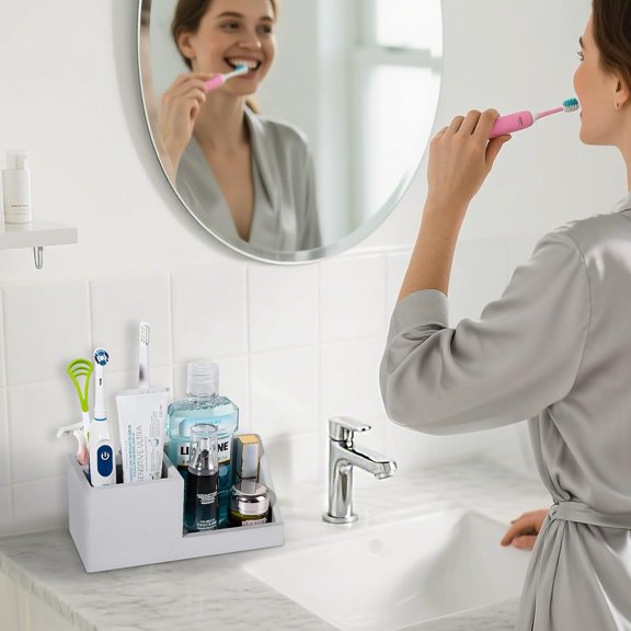 ASIASN-Diatomite Toothbrush Holders for Bathrooms, Quick Dry Electric Tooth Brush and Toothpaste Organizer Bathroom Accessories for Countertop, Vanity, Sink - Light Grey