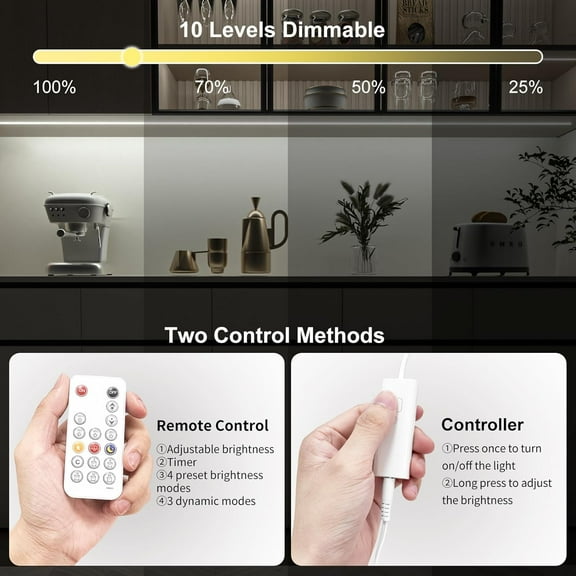 ASIASN-Dimmable COB LED Strip Light, 9.8ft Under Cabinet Lighting with Remote Control, 6000K White, Kitchen, Ceiling, Room, Closet, Counter, CRI90+, 1500lm, Timing, ETL Adapter