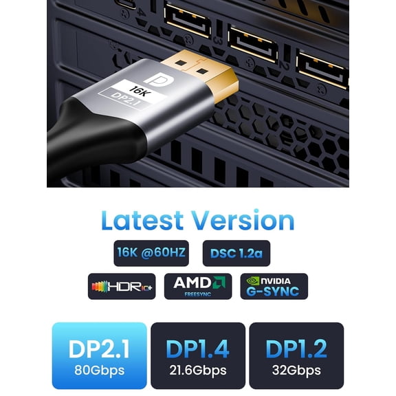 ASIASN-Displayport 2.1 Cable 10 FT, 80Gbps High Speed DP to DP Cord, Support 16K@60HZ 8K@120HZ 4K@240HZ 2K@360HZ Braided Display Port Cable with Dynamic HDR, DSC1.2a, Gaming Monitor, Graphics, PC, TV