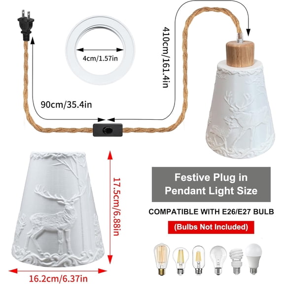 ASIASN-E26/E27 Plug in Pendant Light Hanging Light Fixture with 3D Printed Deer Pattern Lampshade 16.4 ft Hemp Rope Cord Hanging Light Fixture with On/Off Switch Retro Pendant Light Kit(No Bulb)