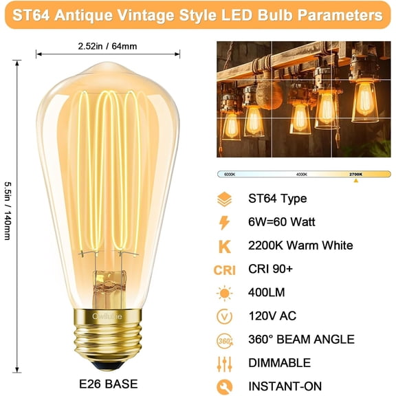 ASIASN-E26 LED Bulb 6W Equivalent Edison Light Bulbs 60 watt, ST64 Vintage Edison Bulbs, Warm White 2200K Amber, Dimmable ST21 LED Light Bulb, AC120V, 400lm, CRI90, Pack of 2