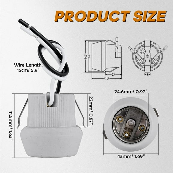 ASIASN-E26 Porcelain Keyless Light Socket,Heat Resistant Socket with Double Snap-in Clip Embedded UL Listed Screw Lamp Holder (4)