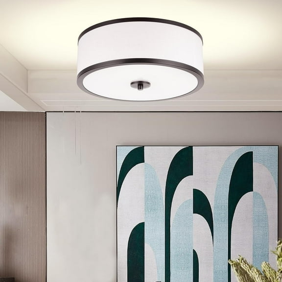 ASIASN-EdwarmLux 3-Light Flush Mount Ceiling Light Fixture, 12.6 " Drum Light with White Fabric Shade, Modern Close to Ceiling Light for Living Room Bedroom Dining Room Kitchen Hallway Entry (Matt Bl