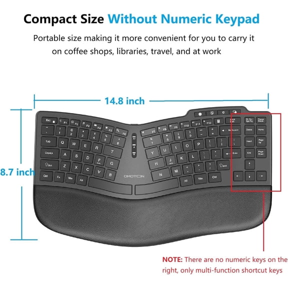 ASIASN-Ergonomic Wireless Split Keyboard Compatible with Windows only, Cushioned Wrist Rest, Rechargeable, USB Connectivity, 2.4G Membrane Silent Keyboard, Classic Black