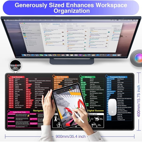ASIASN-Excel Cheat Sheet Desk Pad, 35.4"x15.7" Large Keyboard Excel Desk Mat with Shortcut Extended Mouse Pad for Desk Office Computer Gaming