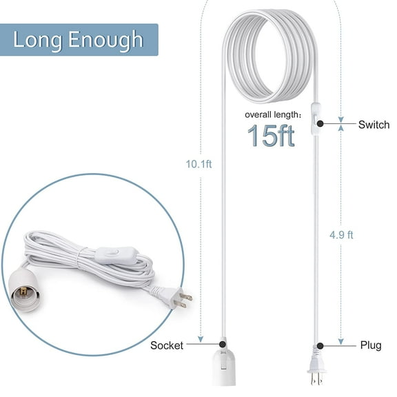 ASIASN-Extension Hanging Lantern Cord Cable 2-Pack 15Ft UL 360W with E26 E27 Socket On/Off Button Pendant Lighting