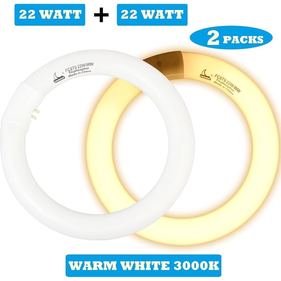 ASIASN-FC8T9/KB 22W Round Light Bulb, 8 Inch T9 22 Watt Circular Fluorescent Light Bulbs, Replacement Circline Fluorescent Lamp, Warm White 3000K 1400 Lumens, G10q 4 Pin Prong, 2 Pack