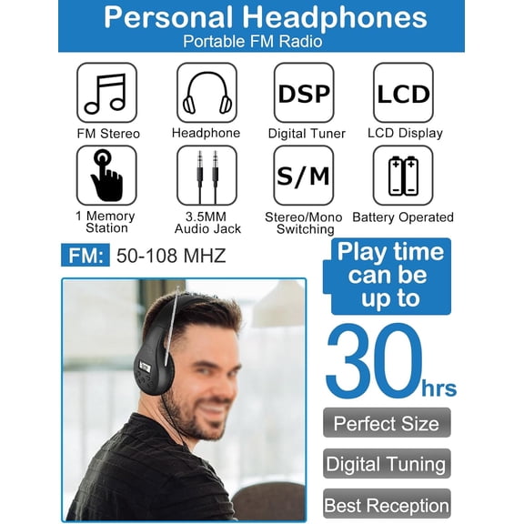 ASIASN-FM Portable Radio, Stereo Headset with LCD, Over Ear Foldable, Pocket Conference Receiver, Small Wireless/Wired Headphones Operated by 2 AA Batteries for Walking/Running ZWS-600