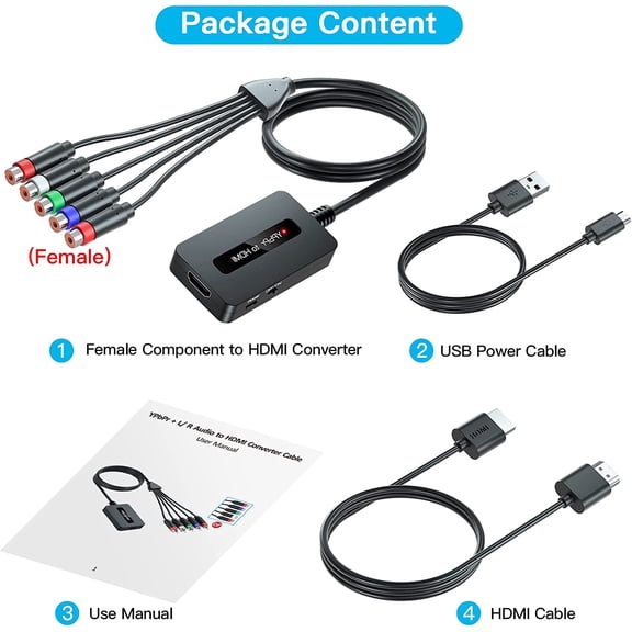 ASIASN-Female Component to HDMI Converter Cable with HDMI and Component Cables for PS2/ NGC/Wii/Xbox with Male Component, 1080P YPbPr to HDMI Converter, Component in HDMI Out Adapter