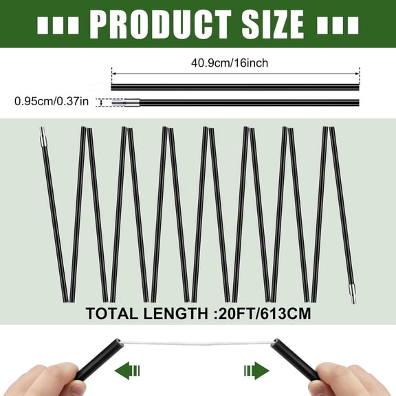 ASIASN-Fiberglass Tent Poles Replacement Pre Assembled Black Tent Poles Camping Rod Parts for Hiking Outdoor Camping Backpacking