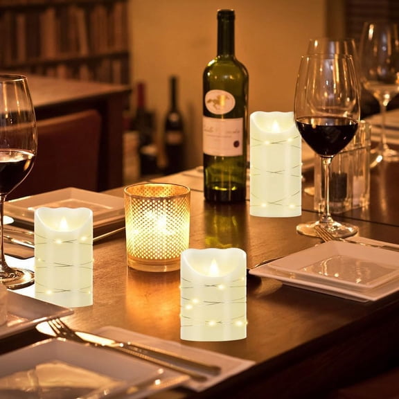 ASIASN-Flameless battery Operated LED candles with 11 Key remote control 24-hour timer Set of 3 With embedded string lights electric flickering pillar Real Wax Party, Wedding, Home Decoration(lvory)