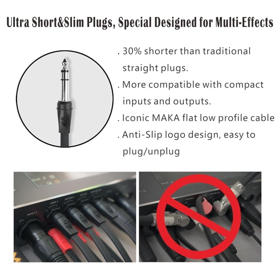 ASIASN-Flat Low Profile Stereo Guitar Patch Cable 9.8ft for Effects Pedals, 1/4 inch TRS Slim Straight Plugs, Red
