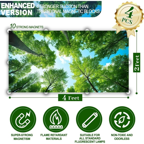 ASIASN-Flourescent Light Covers, 4 Pcs 4 x 2 FT Magnetic Light Covers for Ceiling, Classroom Light Cover Ceiling Light Filters, Florescent Office Decor Fixture Replacement Globes & Shades(Forest)