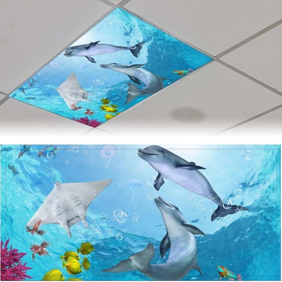 ASIASN-Fluorescent Light Cover for Classroom - 2 Pcs marine life Magnetic Fluorescent Light Covers, Ceiling Light Covers Shade Panel Coverings for Office Classroom Home Drop Ceiling, 4 x 2 Feet