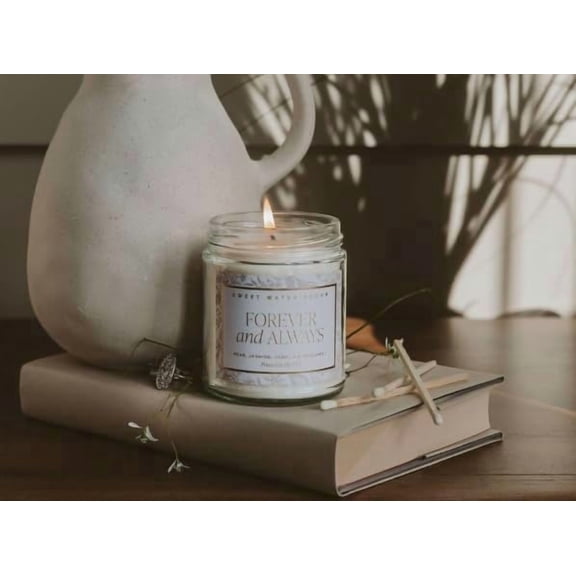 ASIASN-Forever and Always Wedding Candle, Bridal Shower Gift, Scents; Pear, Jasmine, Vanilla, & Bergamot, Romantic Candle, 40 Hours Burn Time, Grey Delft Design 9oz Clear Jar with Gold Lid