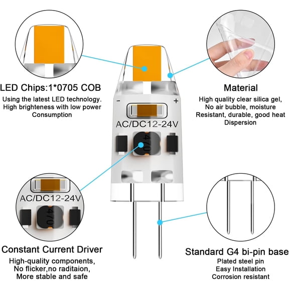 ASIASN-G4 LED Bulb 1W Equivalent to 10W T3 JC Type Bi-Pin G4 Base Halogen Bulb, AC/DC 12V Warm White 3000K G4 Bulb for Under Cabinet Light, Ceiling Lights, RV, Boats, Outdoor Landscape Lighting (10 P