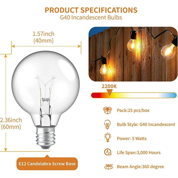 ASIASN-G40 Replacement Light Bulbs, E12 Candelabra Screw Base 5watt Dimmable Clear Glass Globe Incandescent Bulbs for Indoor Outdoor String Lights,Warm White,25Pack
