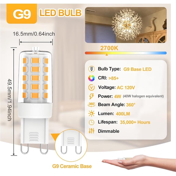 ASIASN-G9 LED Bulb Dimmable, Warm White 2700K, 4W G9 Light Bulbs, 40W T4 Halogen Equivalent, Bi Pin Base G9 Chandelier Lighting, No-Flicker 360Beam Angle, 120V 450LM, 10 Pack