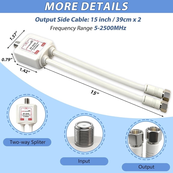 ASIASN-GROWORD Satellite Splitter 5-2500MHz, 2-Way CATV Splitter with RG6 Coaxial Cable and 2 Connectors, for Pass Power to LNB, Improve HD TV Satellite Antenna Signal Quality, Corrosion Resistant