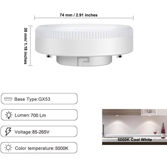 ASIASN-GX53 LED Light Bulbs 7W, 50W Halogen CFL Replacement, 120V 700 Lumen LED Puck Light, for Under Cabinet Kitchen Counter Exhibition Shop Showroom Ceiling Lighting, 5000K Daylight, Pack of 4