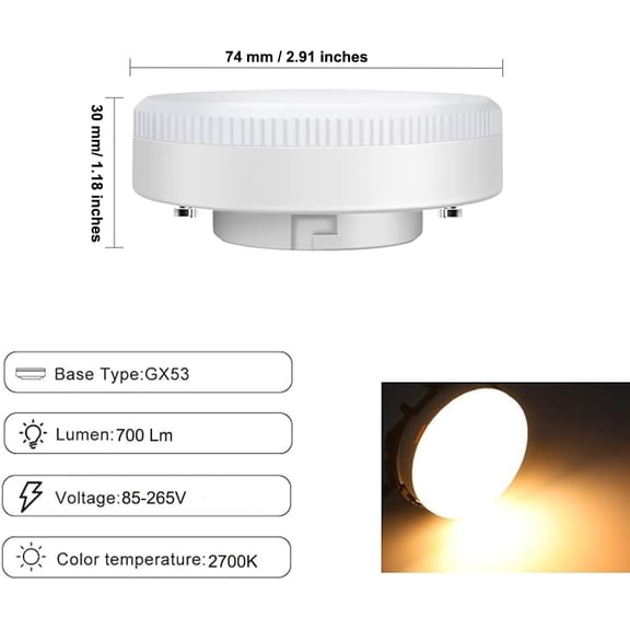 ASIASN-GX53 LED Light Bulbs 7W, 50W Halogen CFL Replacement, 120V 700 Lumen LED Puck Light, for Under Cabinet Kitchen Counter Exhibition Shop Showroom Ceiling Lighting, 2700K Warm White, Pack of 4