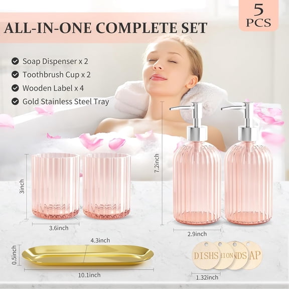 ASIASN-Glass 5PCS Pink Bathroom Accessories Set, Soap Dispenser, Toothbush Holder, Vanity Tray, Housewarming Dorm Apartment Decor Home Essentials Gift for Her for Bathroom Countertop