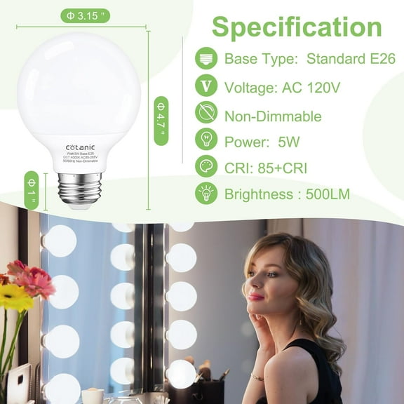 ASIASN-Globe Light Bulbs,E26 Standard Base,5W,60 Watt Incandescent Equivalent,500LM,Non-Dimmable,8 Pack, G25 LED Vanity Light Bulb for Bathroom 4000K Daylight