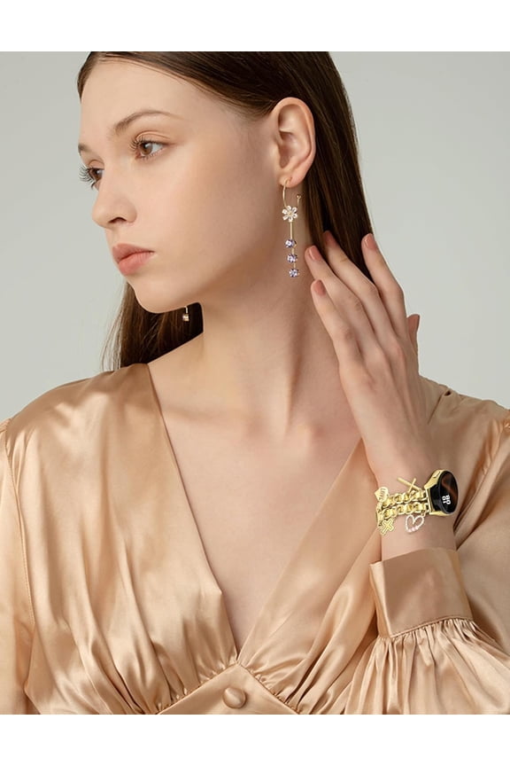 -Gold Metal Band with Charms Women 20mm Adjustable Double Chain Watch Strap Compatible with Samsung Galaxy Watch 7/6/5/4/Active 2/4 6 Classic/5 Pro/FE 40mm 42mm 43mm 44mm 45mm 46mm 47mm Gift