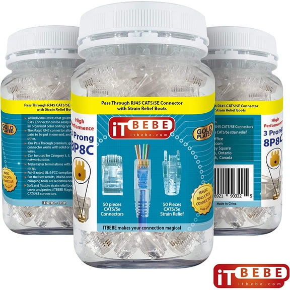 ASIASN-Gold Plated end Pass Through RJ45 Cat5 cat5e Connector and Strain Relief by itbebe (Cat5/5e 50/50 Pieces)