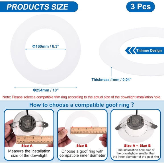 ASIASN-Goof Rings for 6 Inch Recessed Can Lighting Down Light, 3 Pcs Metal Goof Trim Rings Cover, Outer Diameter 10-inch, Inner Diameter 6.29-inch, Matte Finish White, Flush Mount
