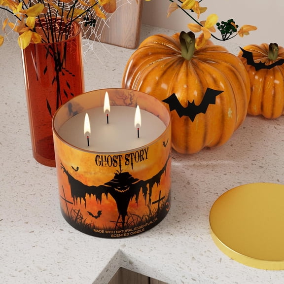 ASIASN-Halloween Candles, Pumpkin Scented Candle for Halloween Ghost Story Decor, 3 Wicks Soy Wax Candles, 14 oz