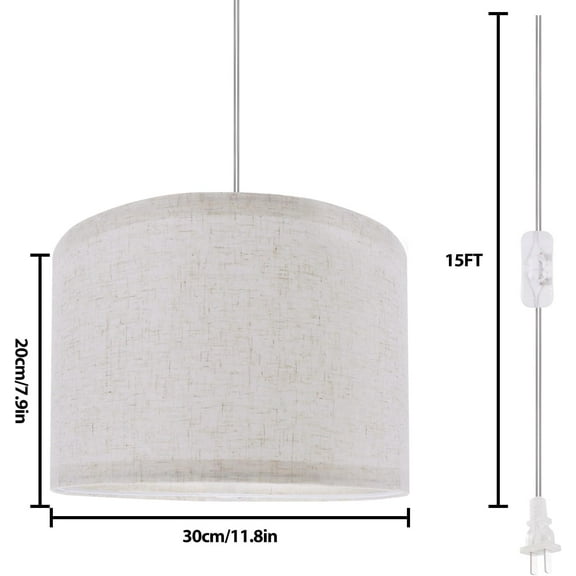 ASIASN-Hanging Lamp Plug in Pendant Light, 15Ft Hanging Lights with Plug in Cord, On/Off Switch, Linen Shade, E26/E27 Bulb Socket Hanging Lamp for Living Room, Bedroom, Dining Room, Kitchen,Beige